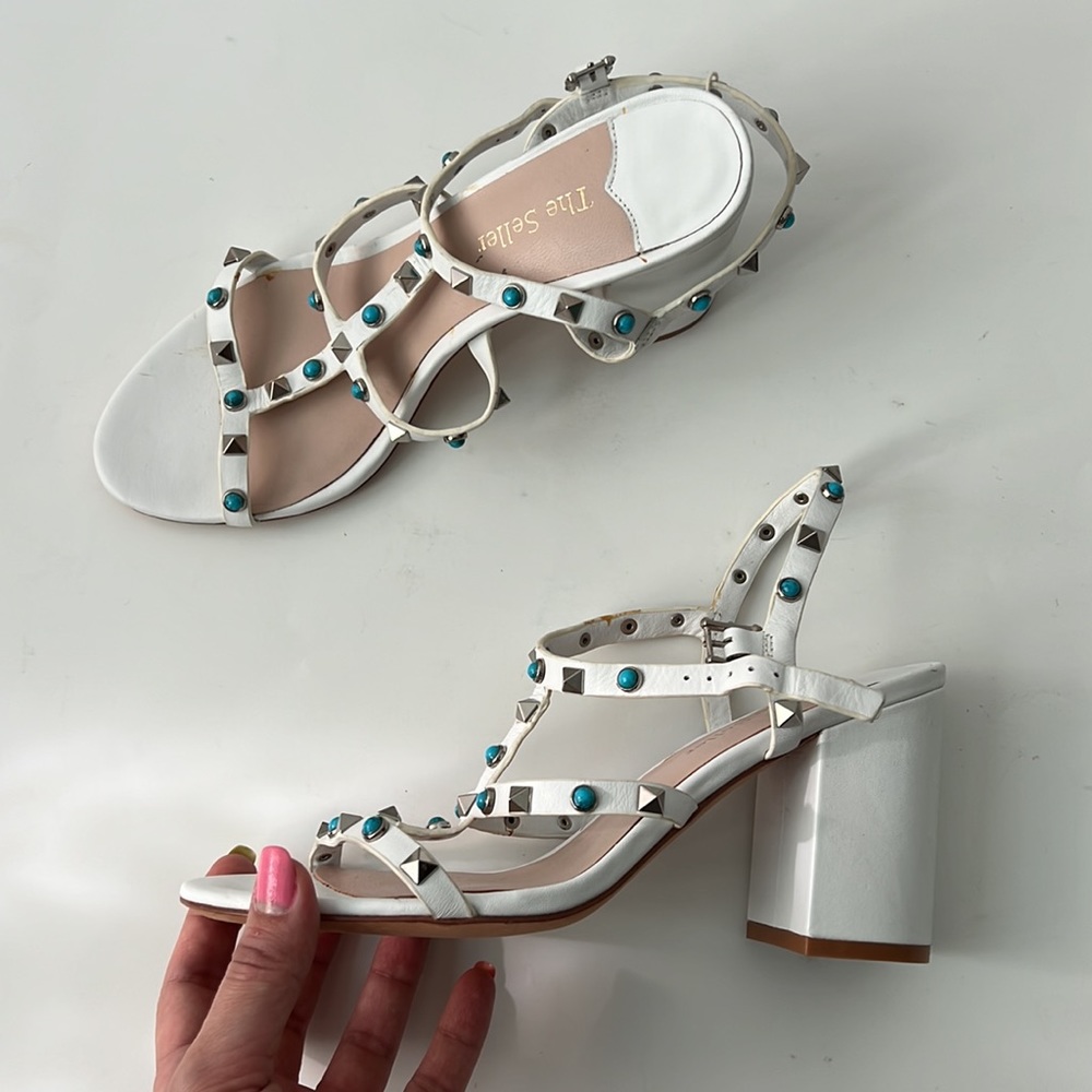 The seller block heel studded white sandals 9